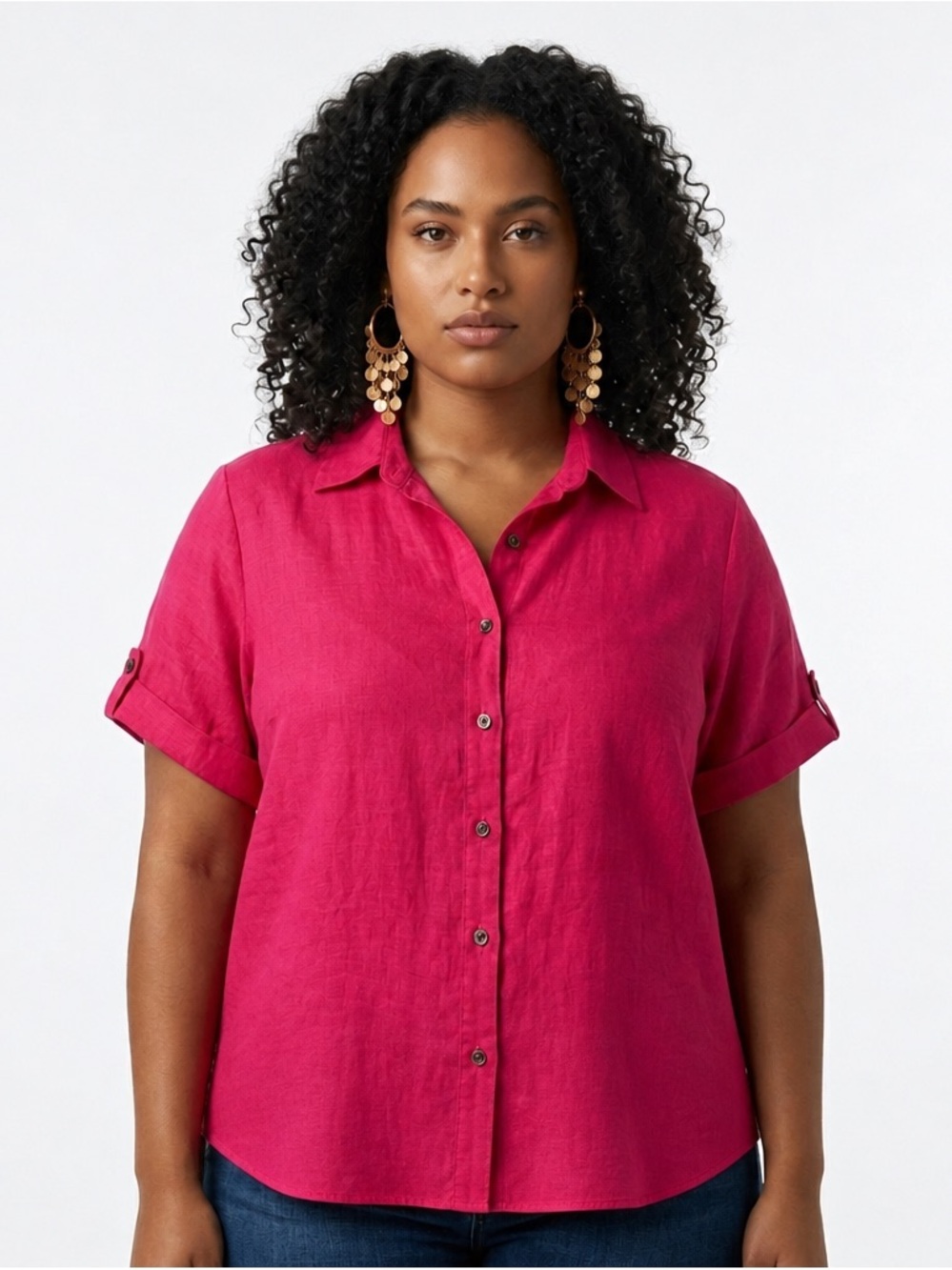 Linen Blend Button Front Shirt Roll Tab Short Sleeve Collared Blouse/Coastal